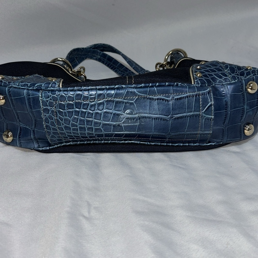 Kathy Van Zeeland Navy Canvas Faux Croc Double Strap Satchel Shoulder Bag Y2K - Picture 14 of 15